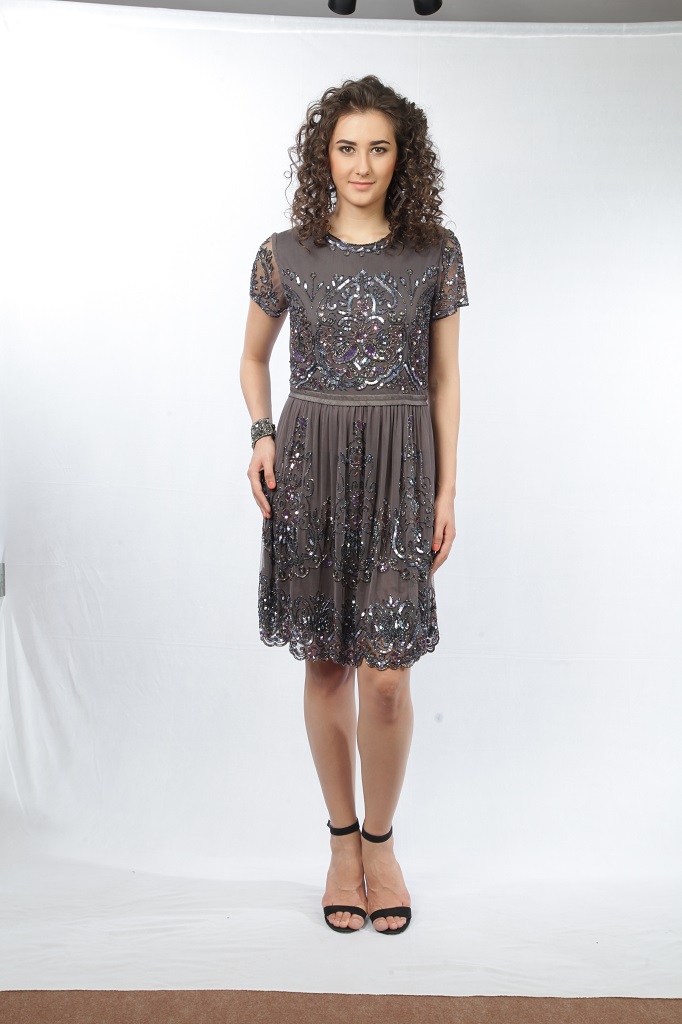 #5212 - Midi Dress in Mesh with Knitted Lining with Hand Embroidery - Shell 100% Polyamide Lining 100% Polyester